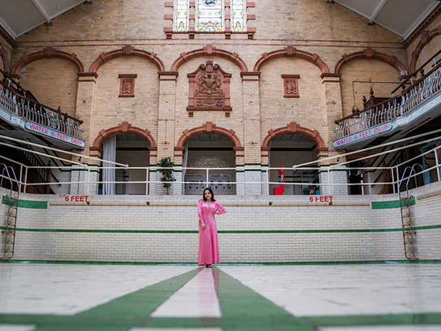 A session of portraiture in a Victorian bath house in a small group